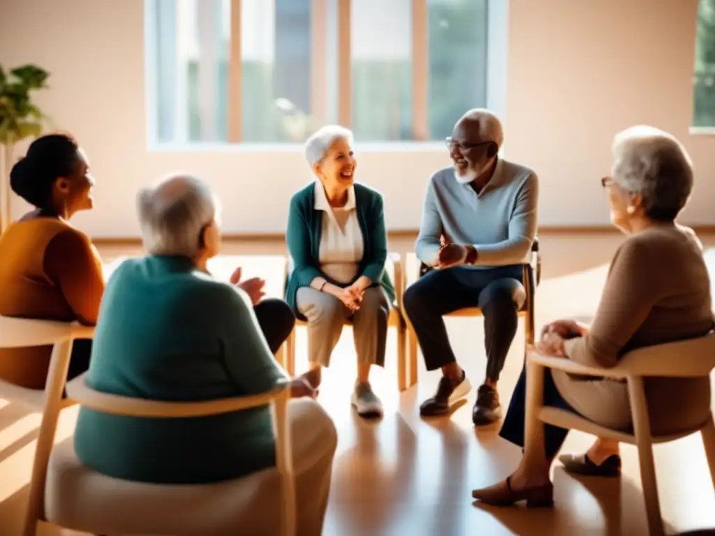 Un grupo de ancianos descubriendo pasiones ocultas con coaching en un espacio luminoso y acogedor.