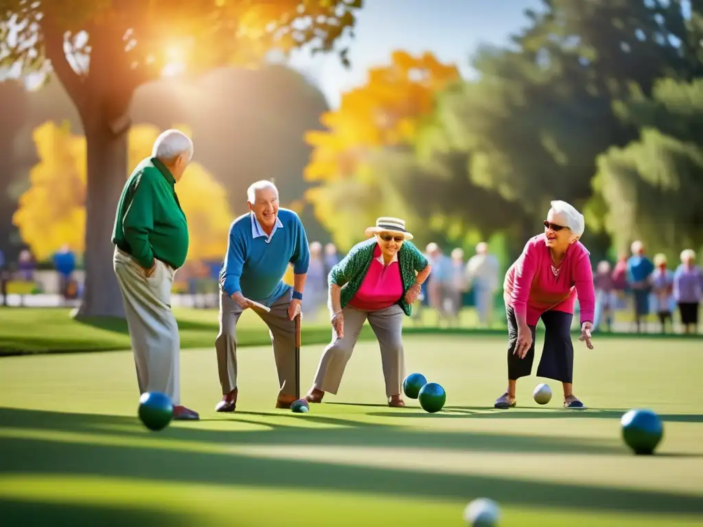 Un grupo de ancianos juega a la petanca en un parque soleado, reflejando una vejez activa y saludable. <b>La imagen irradia vitalidad y comunidad, manteniendo la palabra clave 