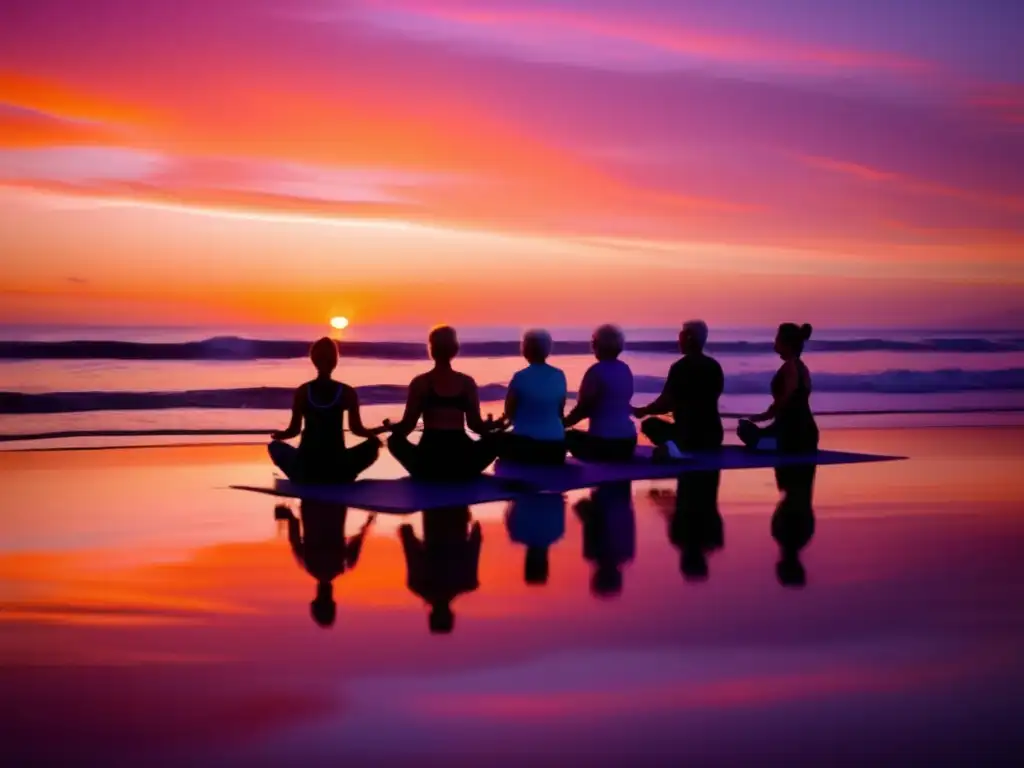 Un grupo de ancianos practica yoga en la playa al atardecer, reflejando serenidad y vitalidad. <b>Testimonios reales retiros longevidad.