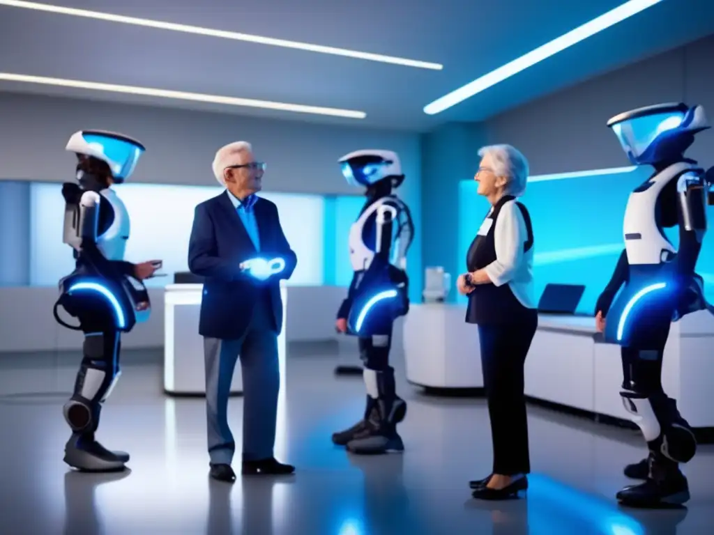 Un grupo de ancianos seguros de sí mismos, usando exoesqueletos futuristas en un laboratorio espacioso con tecnología avanzada. <b>Inspirando innovaciones tecnológicas para longevidad humana.