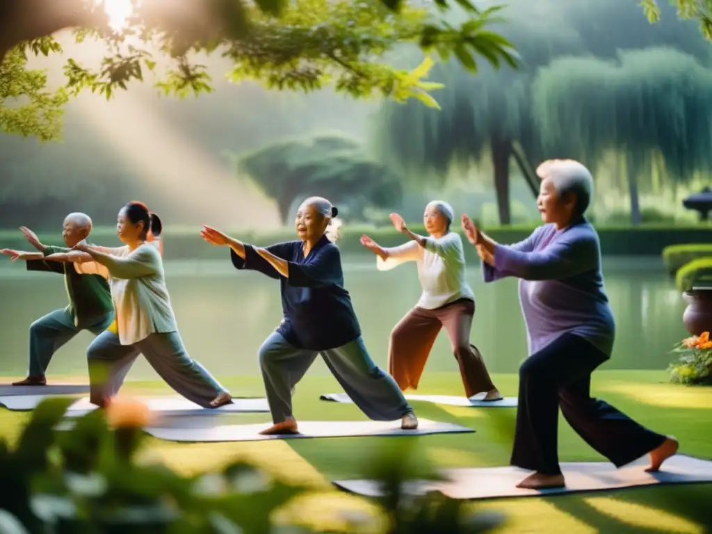 Un grupo de ancianos practicando Tai Chi en un jardín sereno y exuberante, irradiando vitalidad y paz. <b>Secretos para una vida longeva.