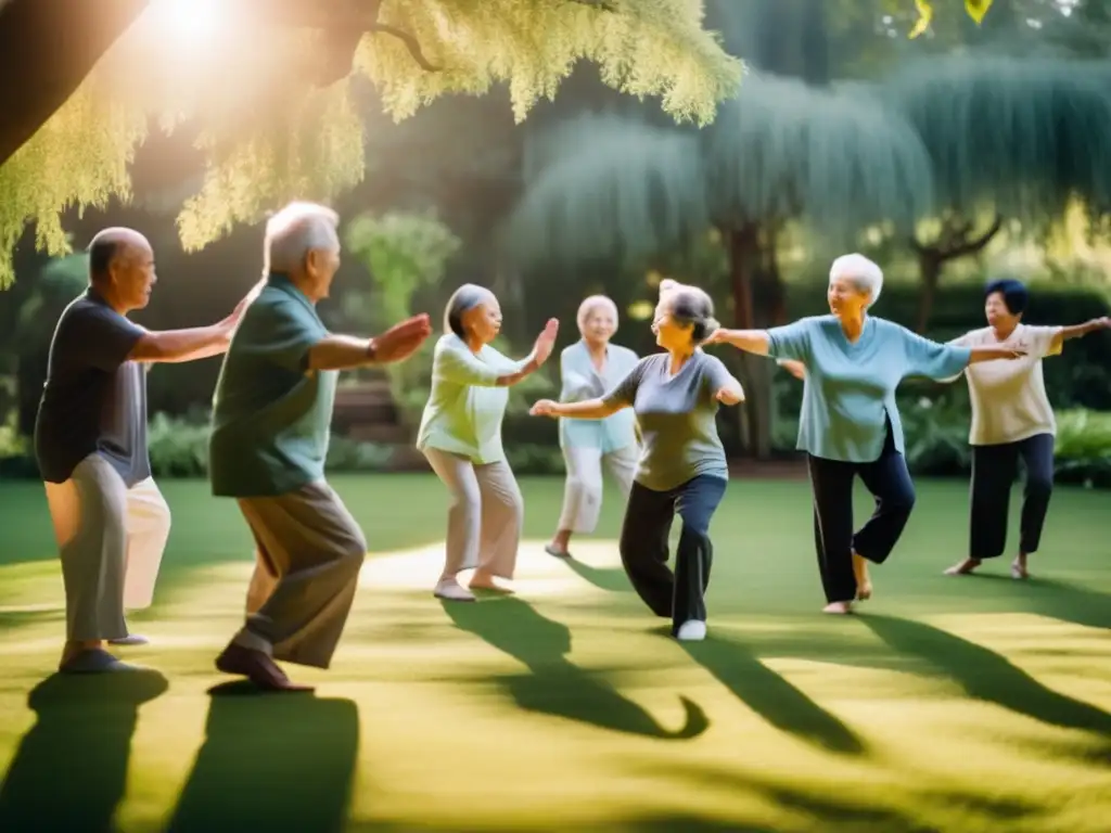 Un grupo de ancianos practica tai chi en un jardín sereno, transmitiendo vitalidad y paz. <b>Senescencia celular y longevidad humana.