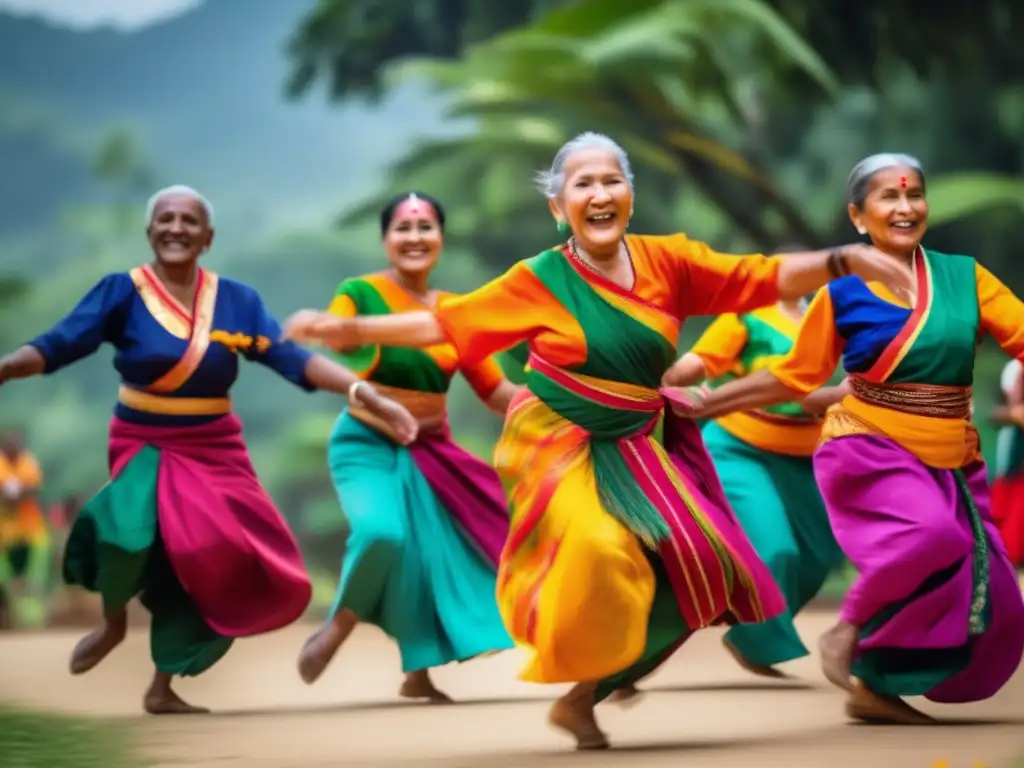 Un grupo de ancianos bailando en sincronía, con trajes coloridos y un fondo de vegetación exuberante. Sus movimientos expresan alegría y vitalidad, destacando los beneficios de la danza para longevidad.