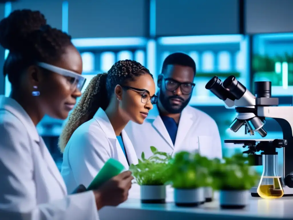 Un grupo de científicos diversos examina pruebas en un laboratorio de vanguardia, destacando estrategias de inmunidad y envejecimiento.