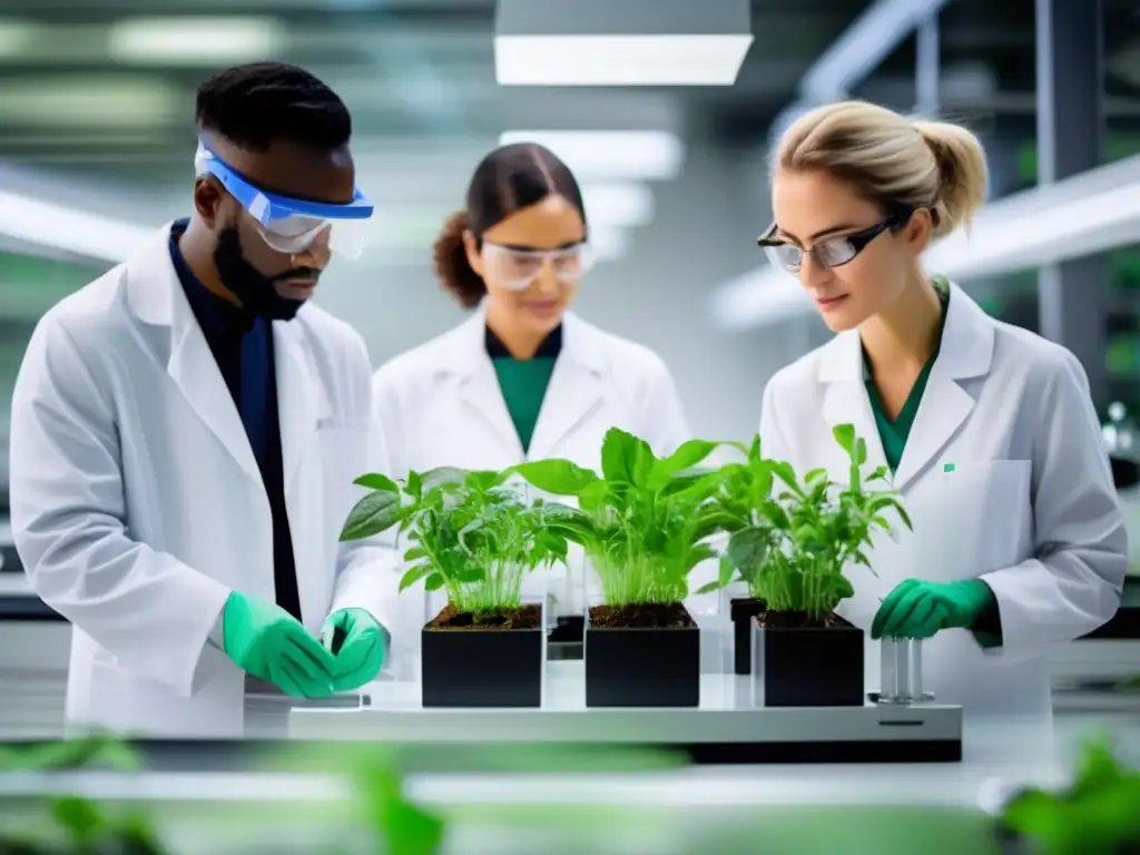 Un grupo de científicos en un laboratorio moderno observa el crecimiento de una planta en un sustrato de alta tecnología, transmitiendo colaboración y búsqueda científica. <b>El entorno irradia innovación y bienestar holístico.</b> <b>Mindfulness para una vida longeva.