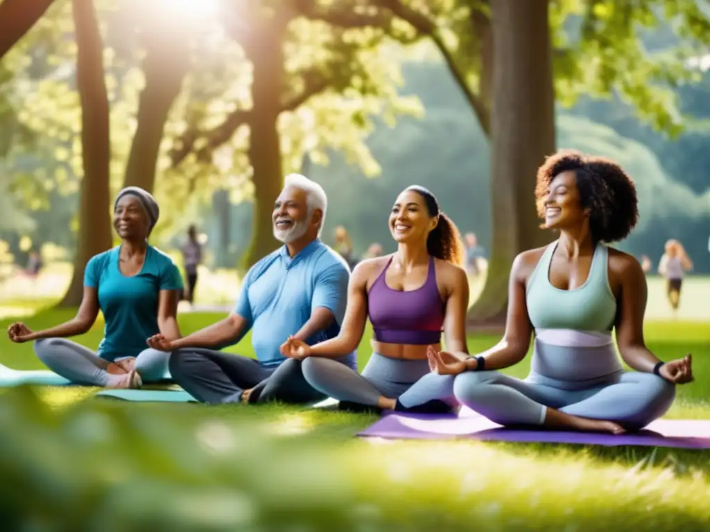 Un grupo diverso disfruta de actividades al aire libre en un parque, irradiando vitalidad y bienestar. <b>Estrategias para vivir más tiempo.