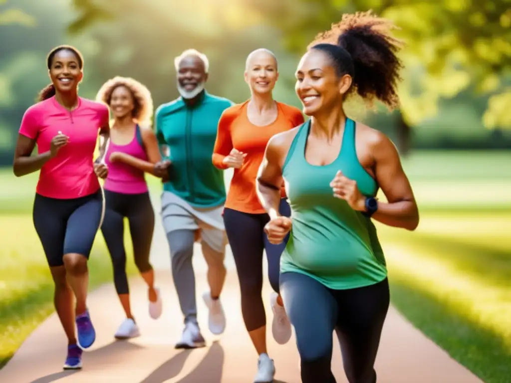 Un grupo diverso disfruta de actividades al aire libre como correr, yoga y ciclismo en un parque verde. <b>Sus atuendos y la naturaleza brillan mientras el sol proyecta una cálida luz dorada sobre la escena.</b> Cada persona irradia vitalidad y bienestar, encarnando el concepto de est