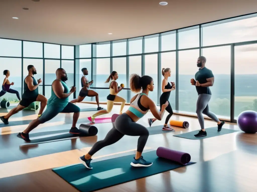 Un grupo diverso disfruta de actividades físicas en un gimnasio moderno y luminoso con vista exterior. <b>Cada persona sostiene una comida saludable, transmitiendo el concepto de ayuno intermitente y sus beneficios para combatir la obesidad.</b> La atmósfera es enérgica y motivadora, con colores vibr