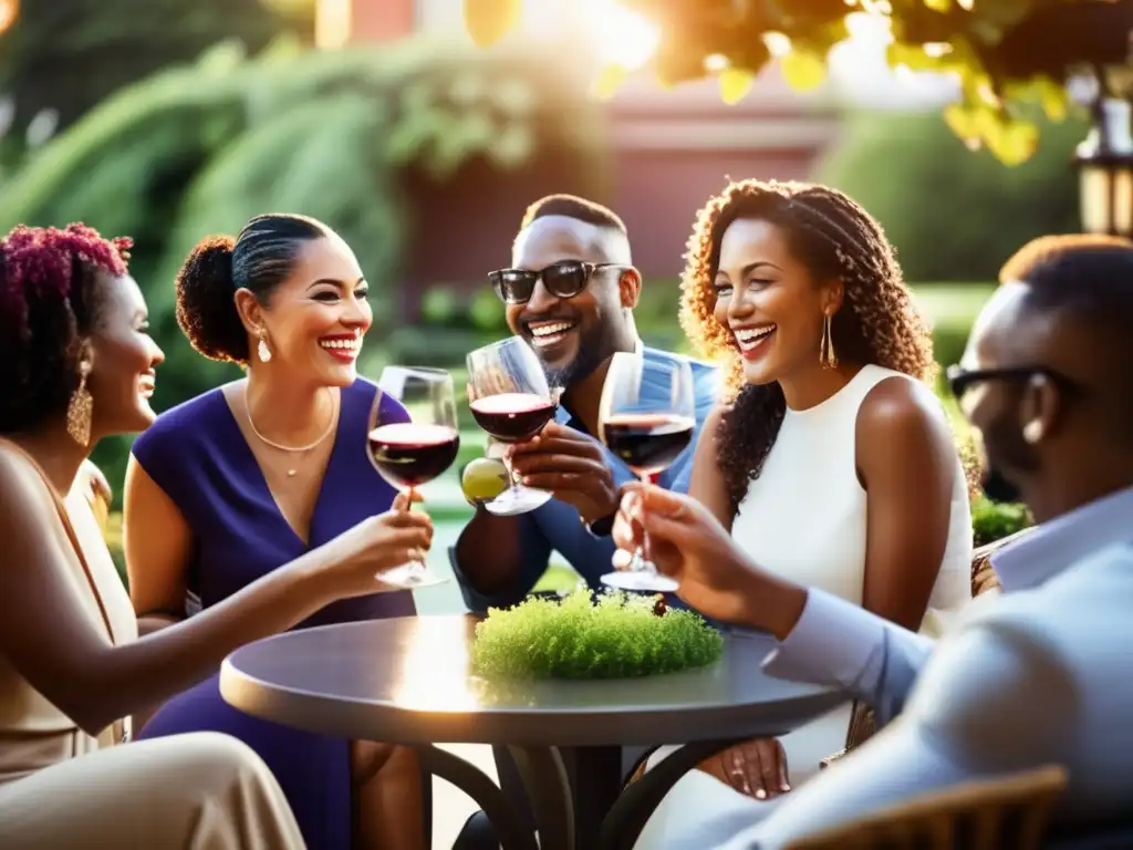 Un grupo diverso de adultos disfruta de una elegante velada al aire libre, brindando con copas de vino tinto. El sol de la tarde ilumina el ambiente, mientras el jardín exuberante y la fuente añaden serenidad. La imagen transmite convivialidad y sofisticación, promoviendo el