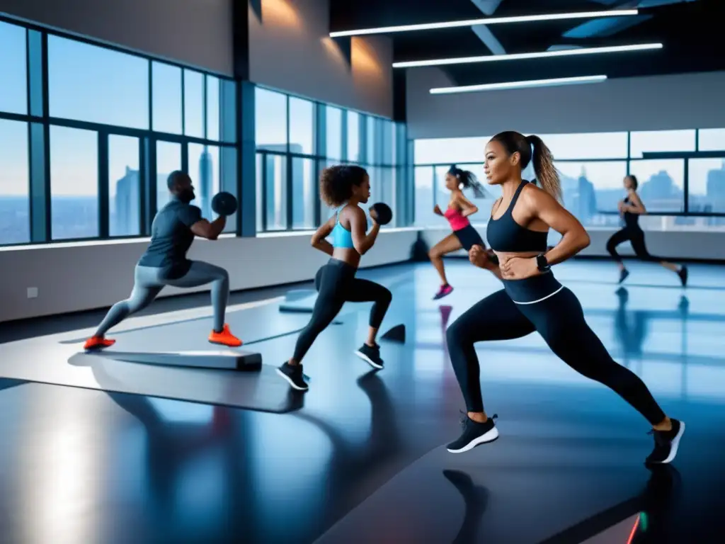 Un grupo diverso de adultos realiza un intenso entrenamiento HIIT en un moderno estudio de fitness. La imagen irradia energía y vitalidad, destacando los beneficios de la actividad física para la longevidad.