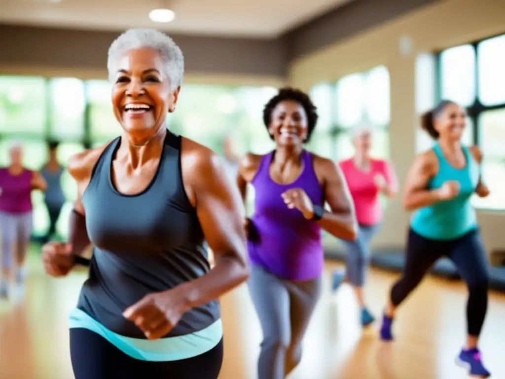 Un grupo diverso de adultos mayores participa en una clase de fitness con un instructor energético. La sala llena de luz natural irradia positividad y entusiasmo, destacando los beneficios de los programas de coaching para longevidad saludable.