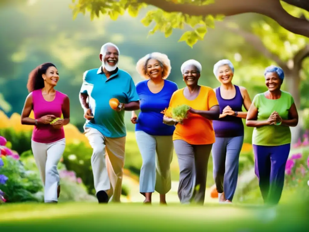 Un grupo diverso de adultos mayores sonríe mientras disfrutan de actividades al aire libre, como yoga, caminatas y jardinería en un entorno exuberante. <b>Transmiten vitalidad, positividad y comunidad, mostrando los beneficios de un estilo de vida activo en la tercera edad.</b> Los colores vibrantes capturan