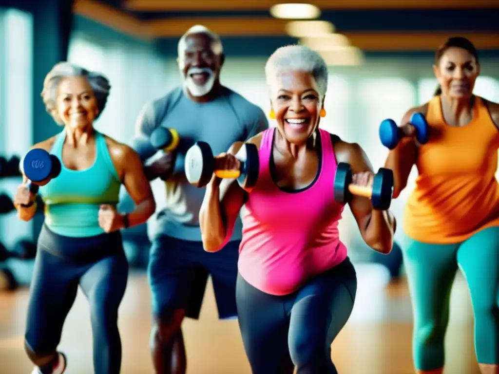 Un grupo diverso de adultos mayores levanta pesas con determinación en un gimnasio luminoso y espacioso. La escena transmite empoderamiento y fortaleza, mostrando los beneficios de pesas para longevidad.