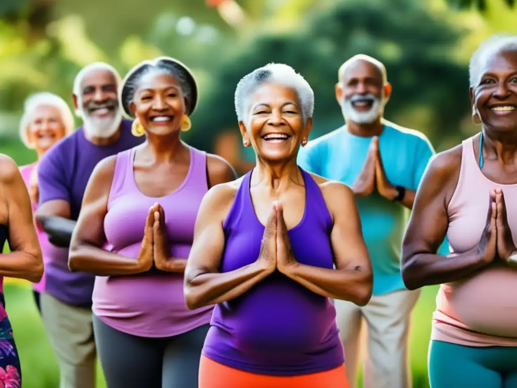 Un grupo diverso de ancianos participa con energía en una actividad al aire libre, irradiando vitalidad y alegría. <b>La imagen transmite los beneficios de la dieta vegana para la longevidad.