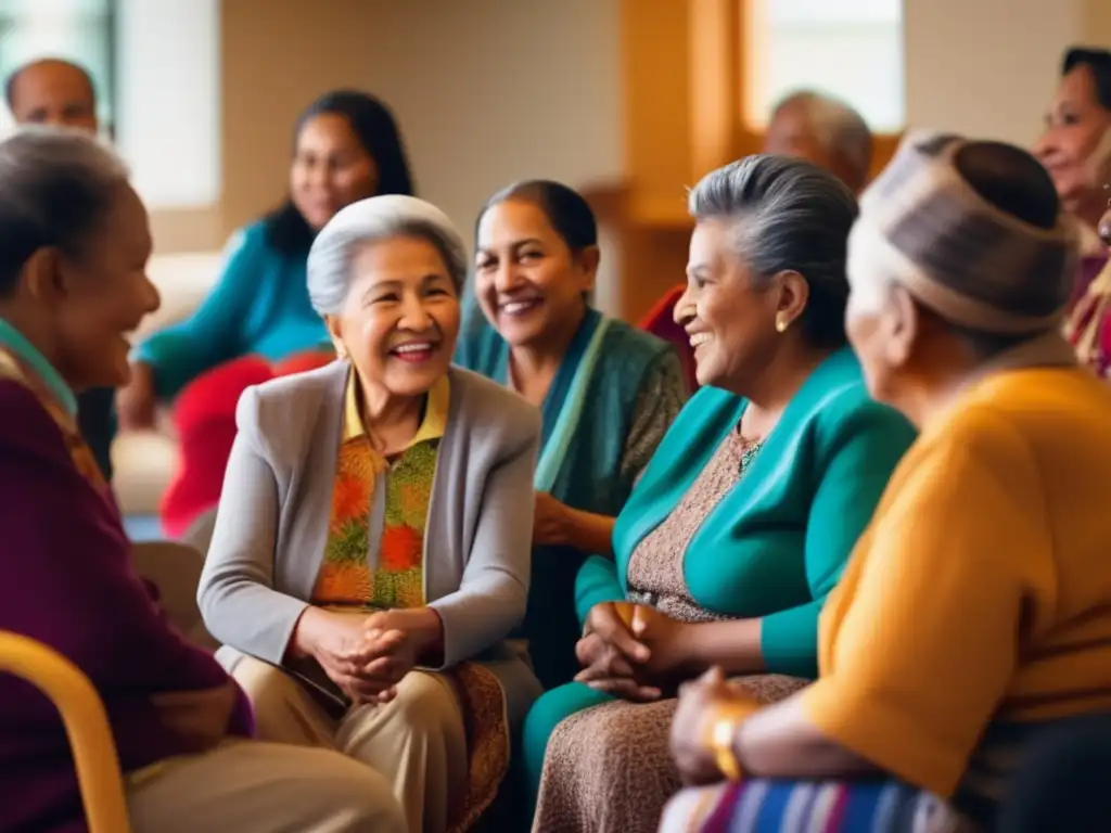 Un grupo diverso de ancianos inmigrantes de distintos orígenes culturales participa en una animada discusión en un centro comunitario. <b>La iluminación cálida destaca sus expresivos rostros, transmitiendo sabiduría y resiliencia.</b> La vestimenta y rasgos faciales únicos