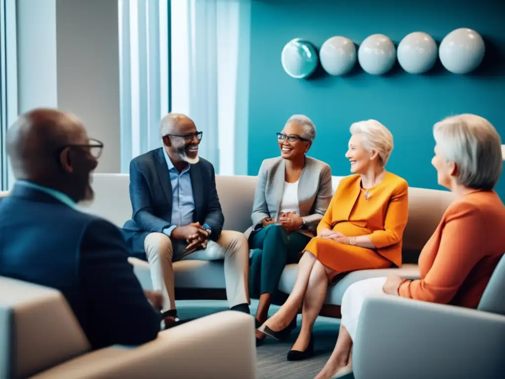 Un grupo diverso de ancianos sonrientes conversa en una clínica de terapia génica antienvejecimiento, transmitiendo esperanza y comunidad.