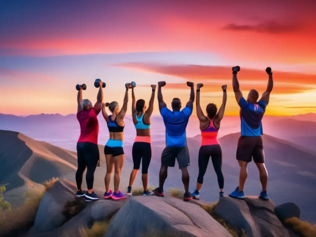 Un grupo diverso de atletas en la cima de una montaña al atardecer, reflejando vitalidad y logros. <b>Inspirando la vida saludable y el uso de suplementos nutrición deportiva longevidad vida.