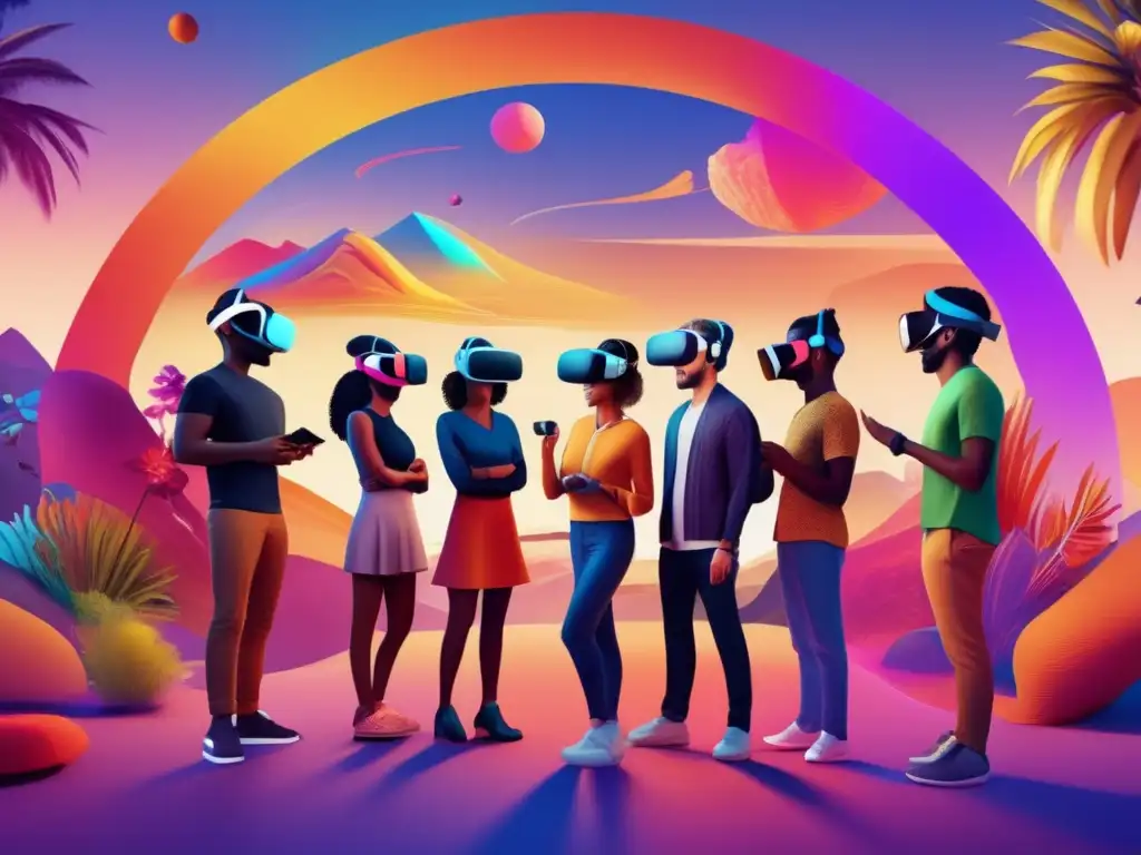 Un grupo diverso usando auriculares de realidad virtual para mejorar empatía, explorando un mundo digital lleno de colores y detalles vibrantes.