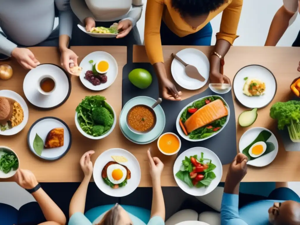 Un grupo diverso practica ayuno intermitente en diferentes escenarios, reflejando salud y equilibrio. 'Beneficios del ayuno intermitente para longevidad'