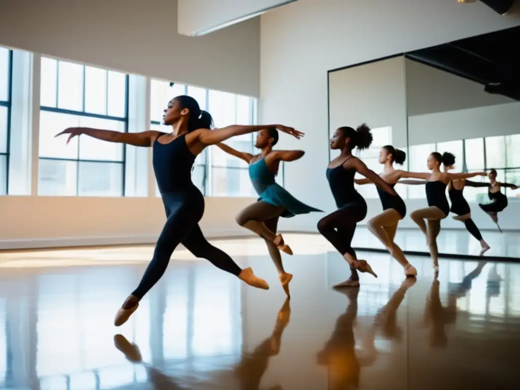 Un grupo diverso de bailarines se mueve en armonía, capturados en pleno giro, con trajes de baile vibrantes y fluidos. El estudio de danza contemporáneo y luminoso refleja los movimientos expresivos. La imagen irradia vitalidad, elegancia y la atemporalidad del ba