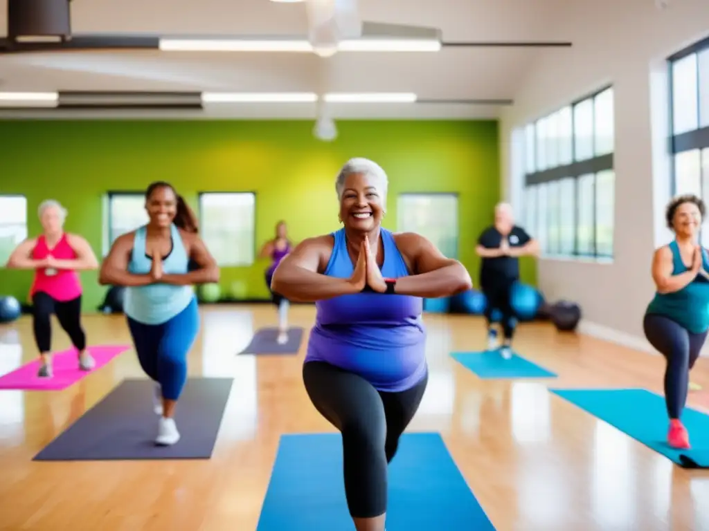 Grupo diverso participa en clase de fitness con coach dinámico. <b>Atmosfera enérgica y motivadora.</b> <b>Programas de coaching para longevidad saludable.