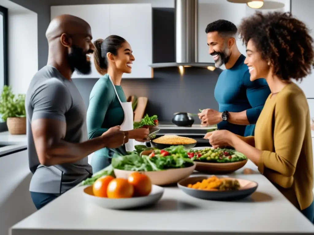 Un grupo diverso se prepara para ayunar intermitentemente en una cocina contemporánea, mostrando determinación y disciplina. <b>Beneficios del ayuno intermitente para longevidad.