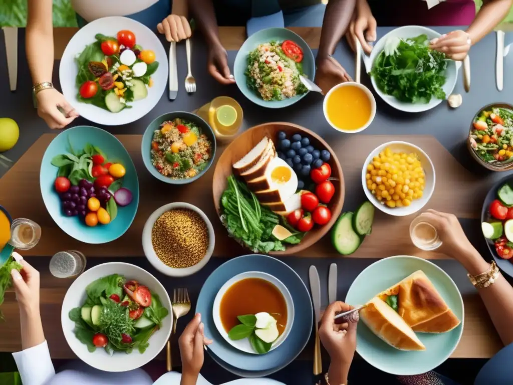 Un grupo diverso disfruta de una comida balanceada y saludable mientras conversan animadamente. <b>Crononutrición y longevidad humana.