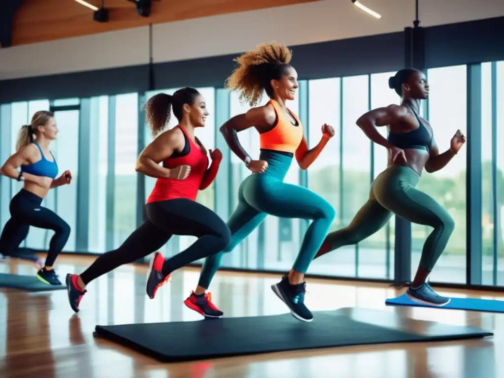 Un grupo diverso se ejercita con energía en un gimnasio moderno y bien equipado, destacando la importancia de la actividad física para el bienestar.