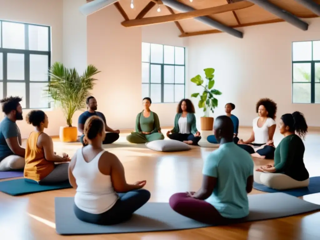 Un grupo diverso medita en un estudio luminoso con plantas. <b>La instructora guía la meditación, promoviendo la salud cerebral.