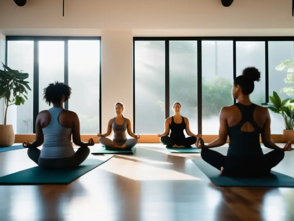 Grupo diverso medita en estudio de yoga con luz natural. <b>Ambiente sereno y unido.</b> <b>Programas creativos para longevidad saludable.