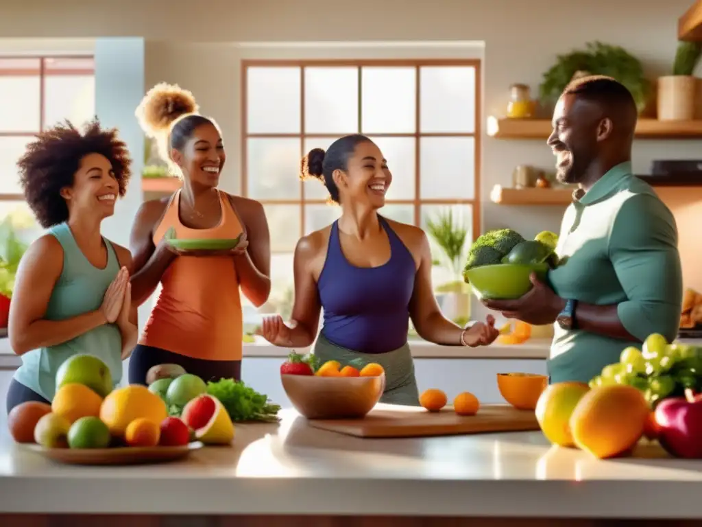 Un grupo diverso disfruta de hábitos saludables juntos en una cocina vibrante y soleada, preservando la juventud celular.