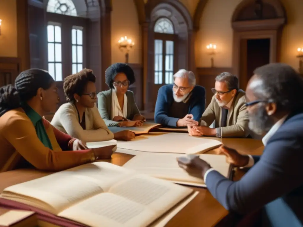 Un grupo diverso de historiadores, científicos e investigadores colaboran en la exploración de la historia de la longevidad humana, en una atmósfera académica e innovadora.