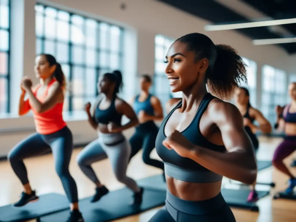 Un grupo diverso se ejercita con intensidad en un gimnasio moderno y espacioso, con luz natural y arte motivacional en las paredes. <b>Ejercicio para mejorar función cognitiva.