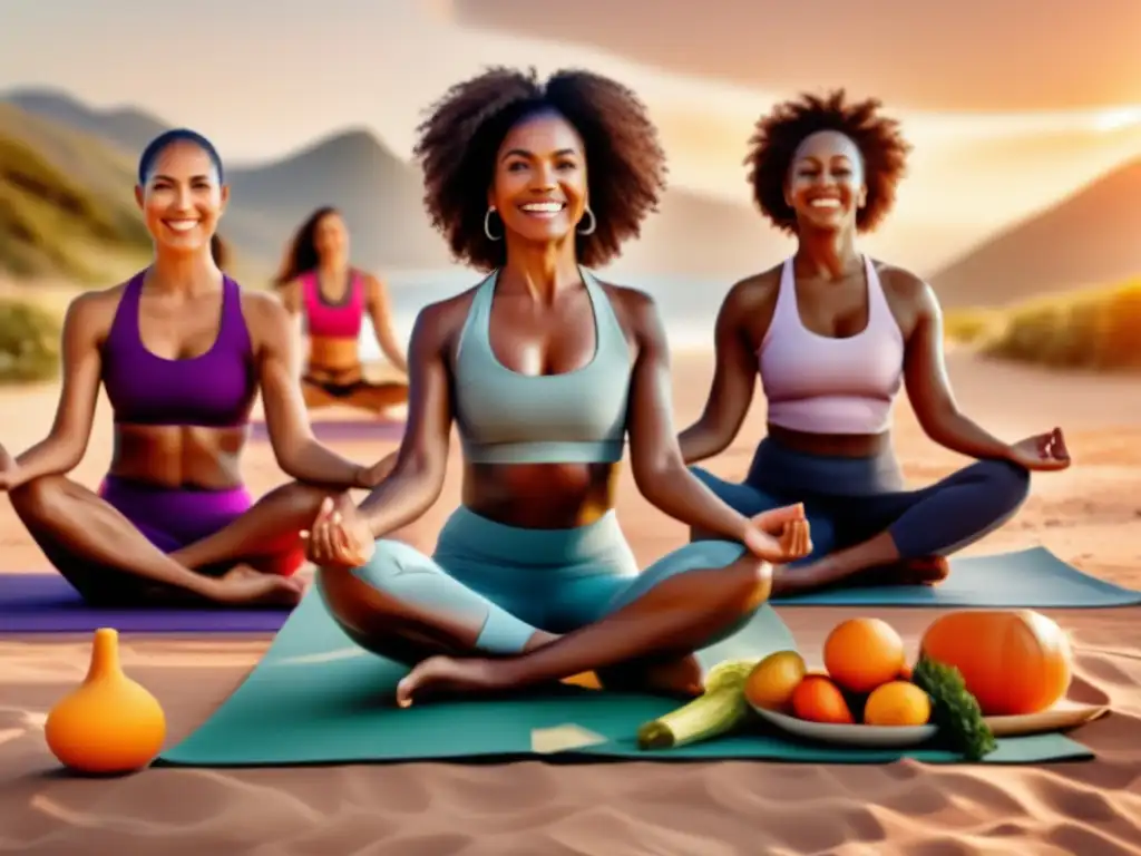 Un grupo diverso de mujeres disfruta de un estilo de vida saludable, mostrando apoyo mutuo durante la menopausia. Se las ve radiantes, practicando yoga, corriendo y preparando comidas nutritivas juntas. La imagen transmite una sensación moderna y empoderadora, capturando la esencia de ab