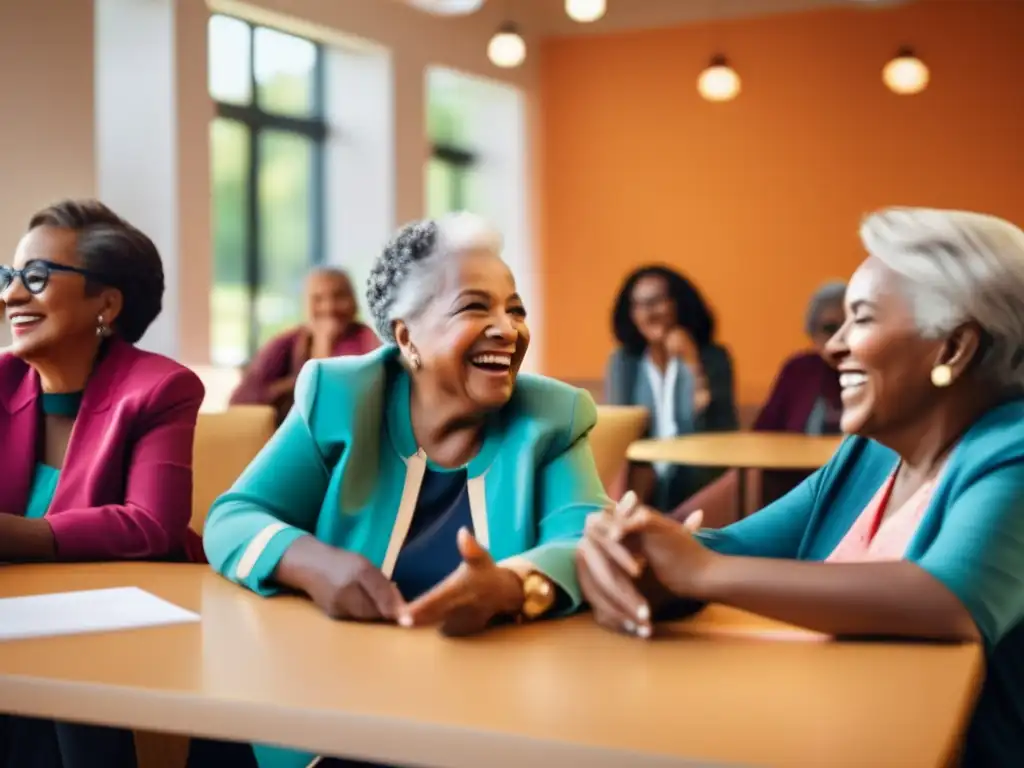 Un grupo diverso de mujeres mayores disfruta de una animada conversación en un centro comunitario moderno y bien iluminado, reflejando la temática de diferencias de género en longevidad.