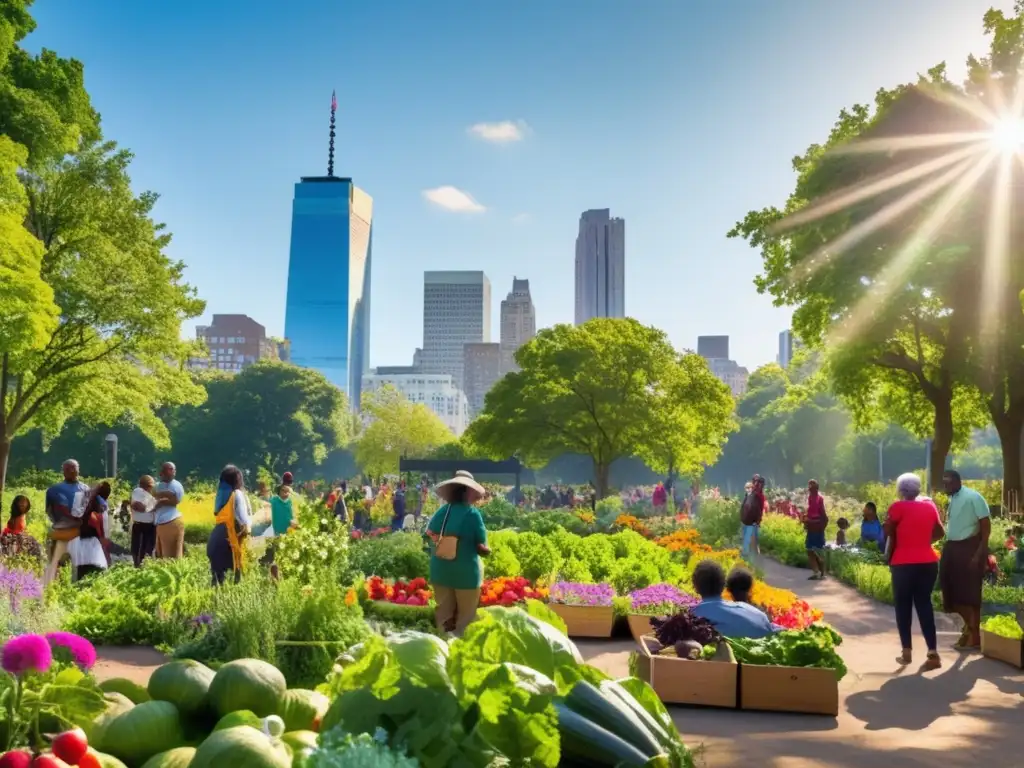 Un grupo diverso disfruta la naturaleza en un parque urbano. <b>Cultivan un jardín comunitario, simbolizando la unidad y la sostenibilidad ambiental.</b> <b>Desigualdad ambiental y longevidad humana.