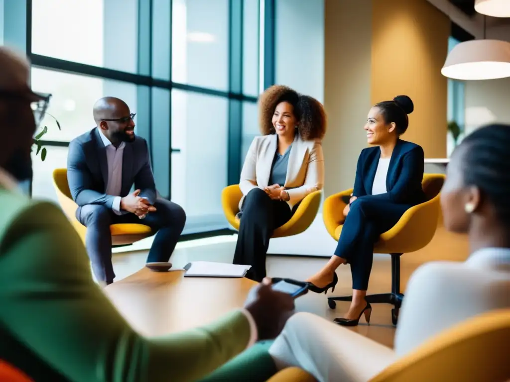 Un grupo diverso discute objetivos de longevidad con su coach en una oficina contemporánea. Se percibe profesionalismo e inclusividad en esta representación visual del 'Coaching para objetivos de longevidad'.