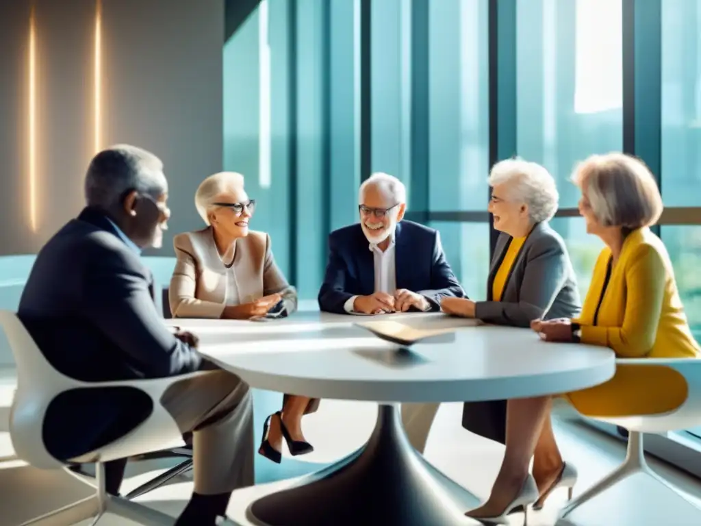 Un grupo diverso de personas mayores participa en una animada discusión alrededor de una mesa futurista en un espacio contemporáneo. La imagen irradia colaboración y progreso en la longevidad humana y productos innovadores.