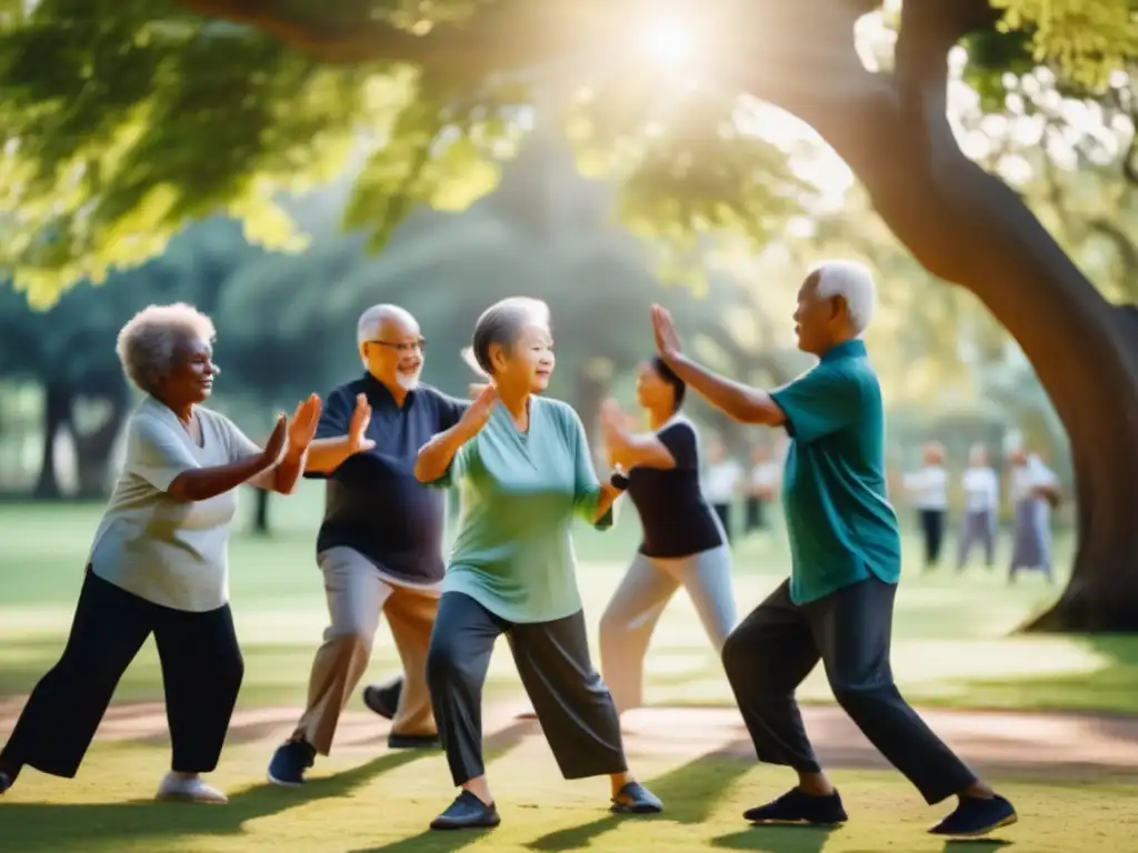 Un grupo diverso de personas mayores practica tai chi al aire libre en un parque sereno, rodeado de naturaleza exuberante. <b>La escena irradia paz, comunidad y bienestar holístico, capturando la esencia de factores socioeconómicos en la longevidad humana.