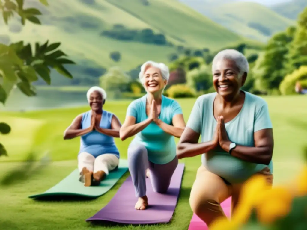 Un grupo diverso de personas mayores disfrutando de actividades al aire libre en un hermoso parque. <b>Captura la vitalidad y alegría de envejecer activamente.</b> <b>Estudios Longitudinales Longevidad Geografía.