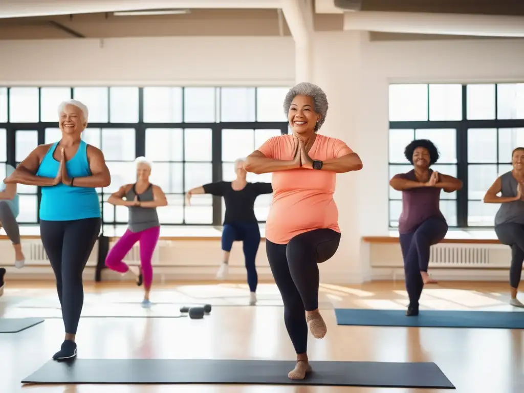 Grupo diverso de personas mayores participa con alegría en una clase de fitness en un estudio luminoso, transmitiendo vitalidad y comunidad.