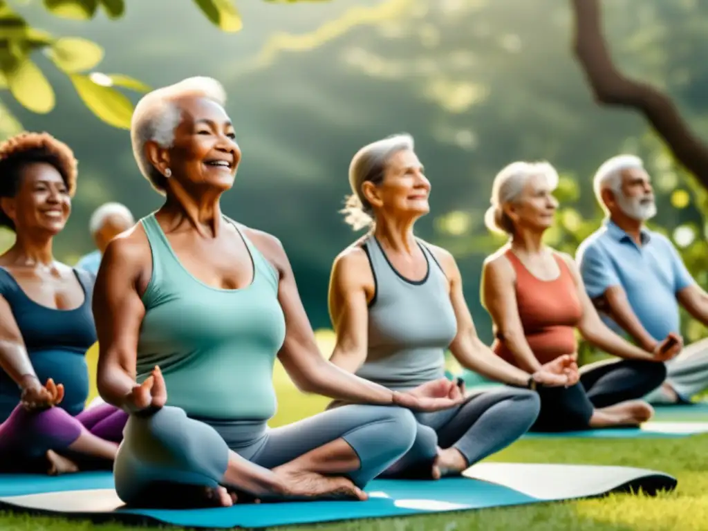 Grupo diverso de personas mayores practicando yoga al aire libre en un entorno natural exuberante. Transmite vitalidad, armonía y la importancia de la nutrición en la longevidad.