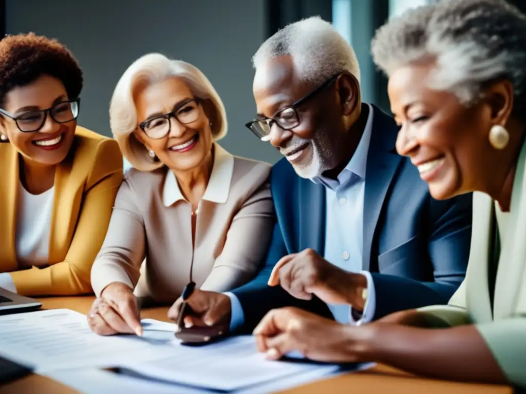 Un grupo diverso de personas mayores participa en actividades financieras, mostrando confianza y conocimiento en el impacto financiero en la longevidad humana.