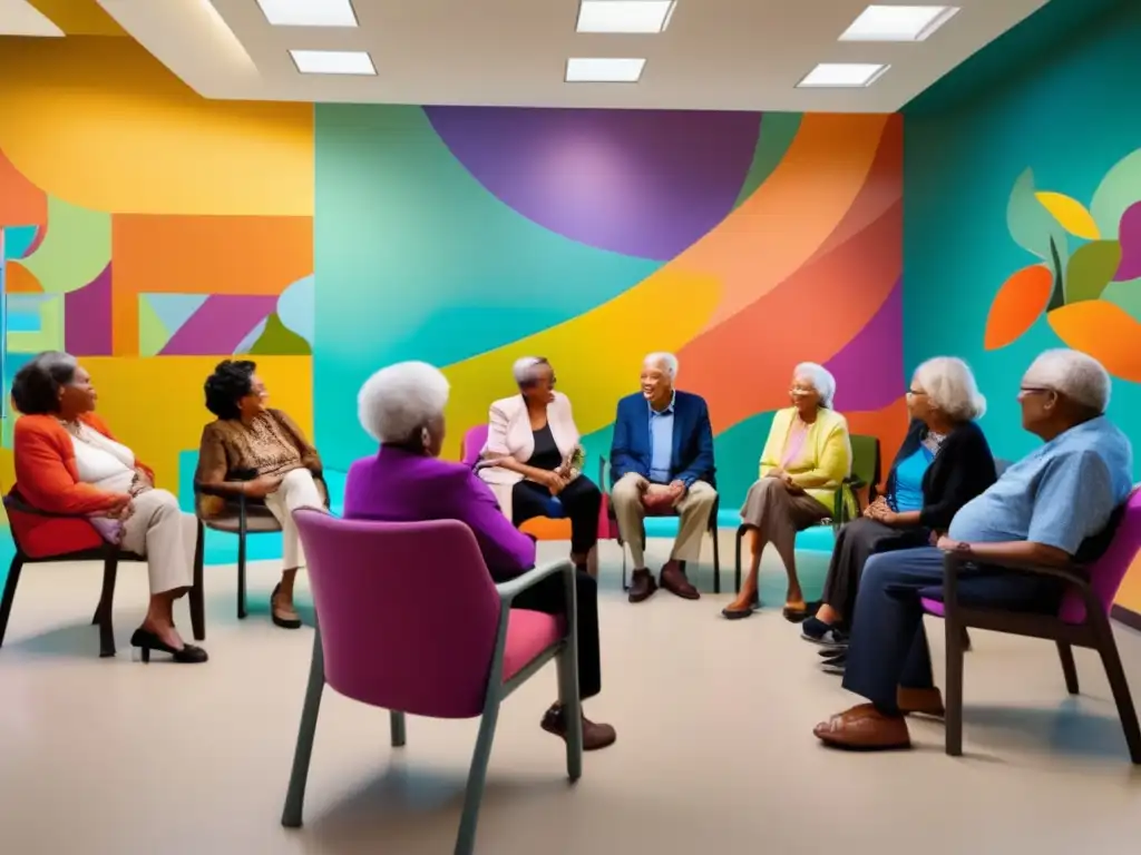 Un grupo diverso de personas mayores participa en una animada discusión en un centro comunitario moderno y bien iluminado, con una atmósfera de inclusión y compromiso. <b>Murales coloridos decoran las paredes.</b> <b>Políticas públicas para longevidad humana.