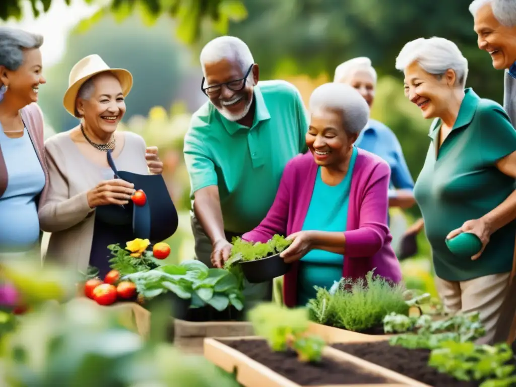 Un grupo diverso de personas mayores participa en actividades comunitarias y económicas en un entorno urbano, mostrando la vitalidad y participación activa de los adultos mayores en las políticas públicas para longevidad humana.