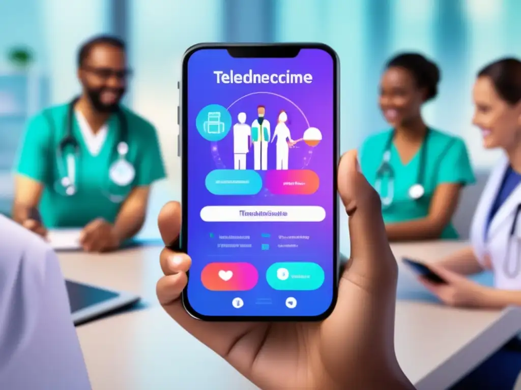 Un grupo diverso de personas se conecta con profesionales de la salud a través de una aplicación de telemedicina moderna y amigable. La atmósfera es de confianza, comodidad y tecnología avanzada, mostrando el impacto transformador de la telemedicina para prolongar la vida.