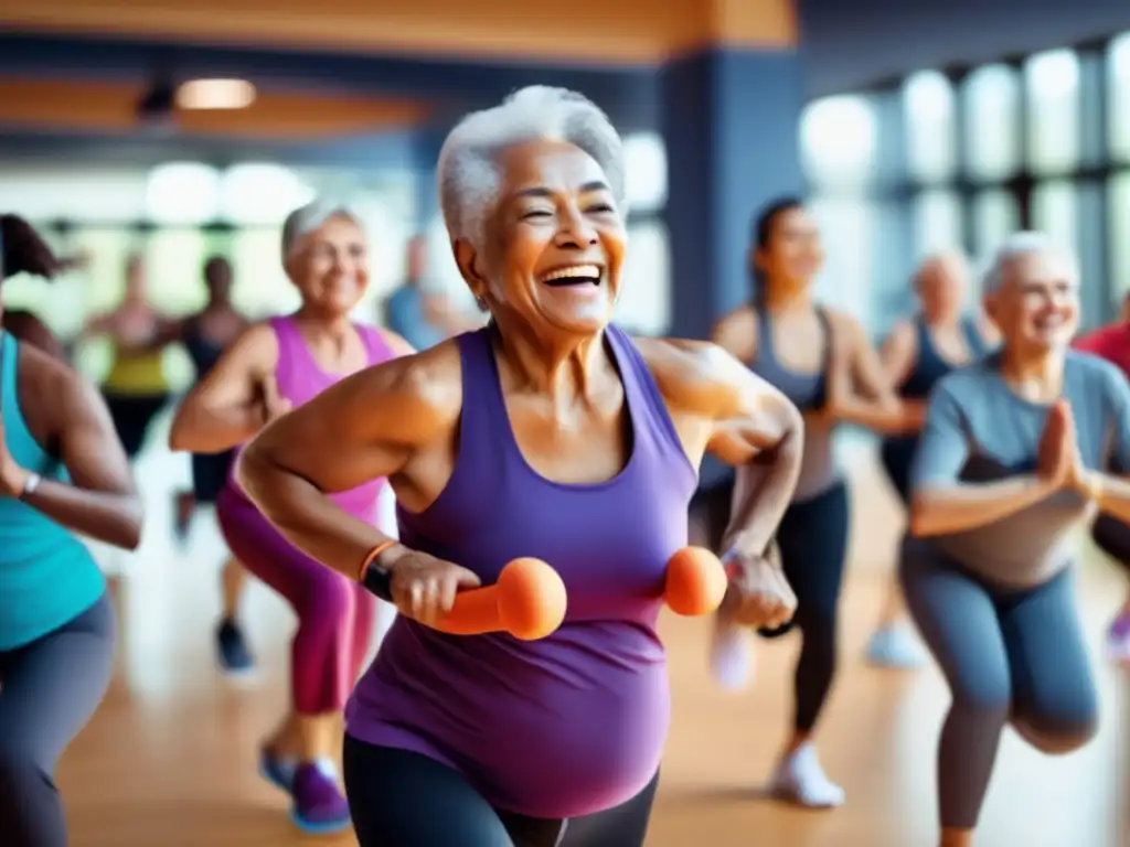 Un grupo diverso de personas participa en rutinas de ejercicio para prevenir enfermedades crónicas en un moderno y vibrante centro de fitness.