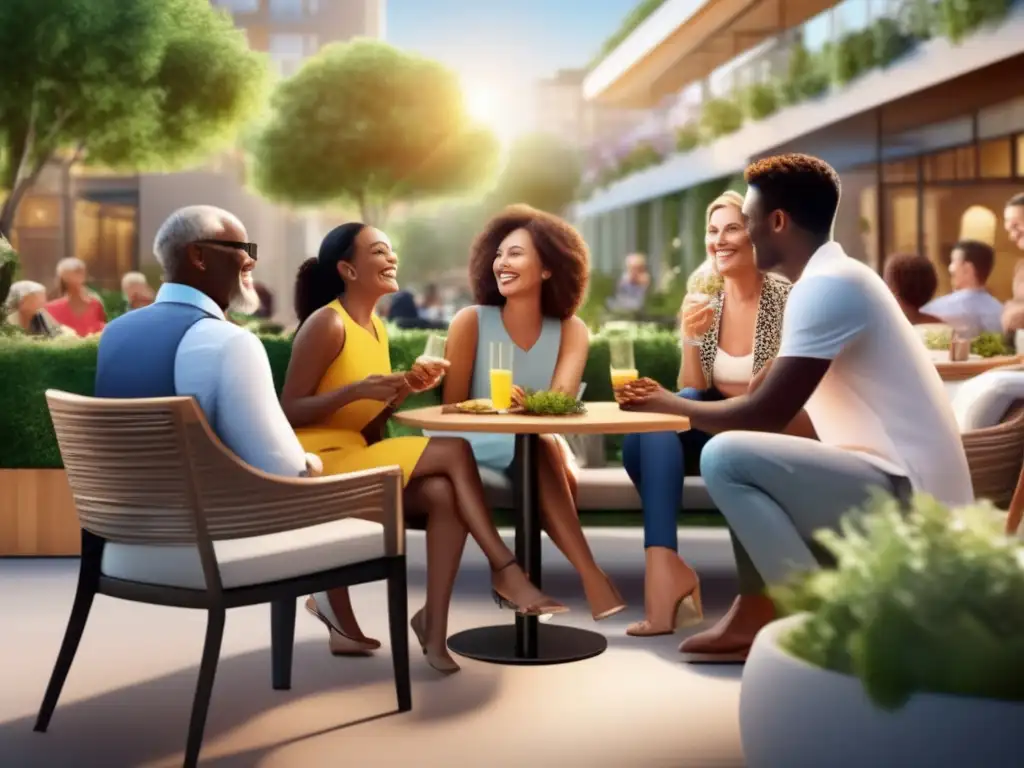 Un grupo diverso de personas sonriendo y disfrutando de una terraza al aire libre libre de humo, rodeados de vegetación exuberante y un cielo soleado. El diseño moderno y elegante del mobiliario de la terraza y el brillo saludable de la piel de las personas destacan los efectos positivos de