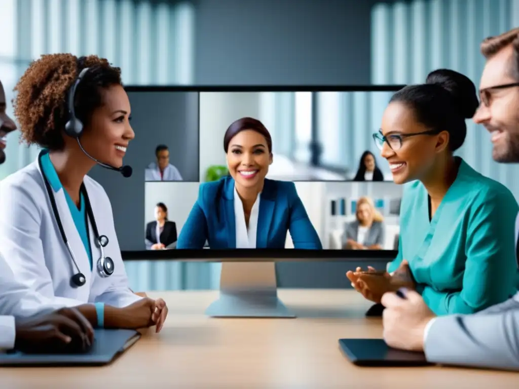 Un grupo diverso de profesionales de la salud participando en una videoconferencia sobre telemedicina para una vida saludable, transmitiendo confianza, competencia e innovación. El ambiente es profesional y contemporáneo, con una decoración médica moderna y tecnología de vanguardia.