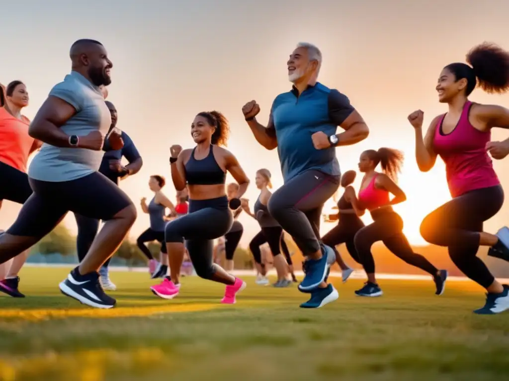 Un grupo diverso participa en un programa de coaching al aire libre al atardecer. <b>La imagen irradia energía y comunidad.</b> <b>Programas de coaching para longevidad saludable.